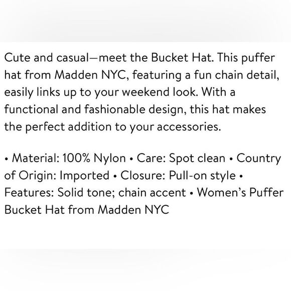 NWT Madden NYC Puffer Bucket Hat with Chain Detail. - Picture 2 of 7
